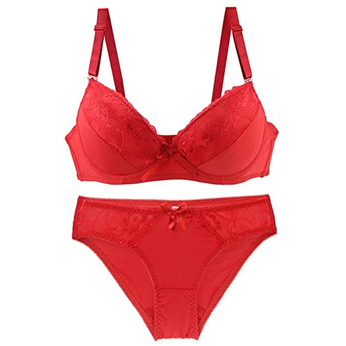 Necalisi Set Damen Rot Damen Floraler Spitzen BH Sheer BH Komfort Bügel Unterstützung BH Ungepolstert Balconette BH Push up 95C von Necalisi