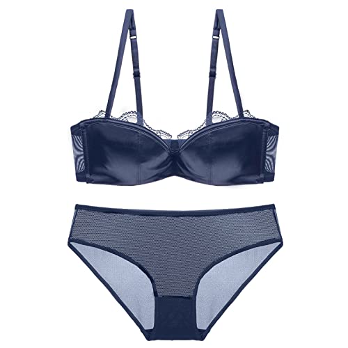 Necalisi Sets für Damen Satin BH Blau Damen Bügel Ungefüttert Spitzen-BH Vollschalen Minimizer BH Große Größen BH Komfort Breite Träger Nicht Gepolstert Push up BH Set 75D von Necalisi