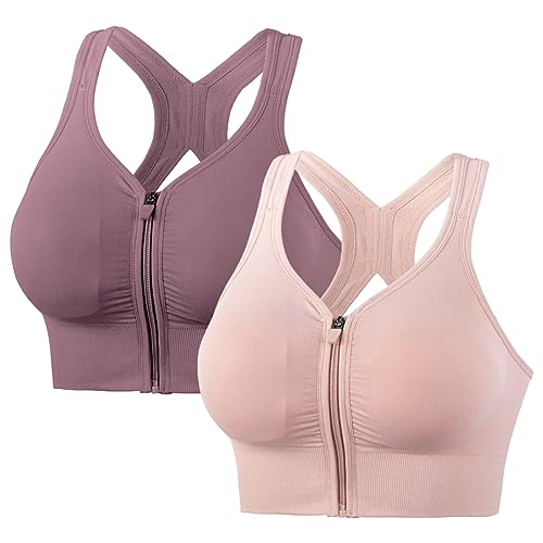 Necalisi Sport BH große brüste BH mit reißverschluss vorne lila+rosa Damen Starker Halt Sports BH Große Brüste Ohne Bügel für Große Größen Push up BH ohne Buegel XL von Necalisi