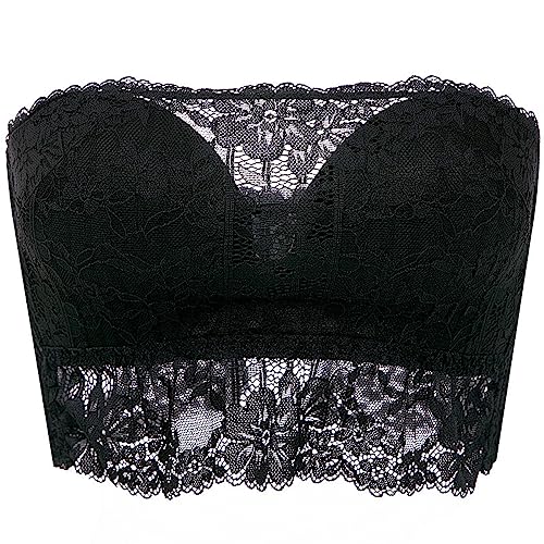 Necalisi trägerloser BH Push up Schwarz Spitze Bandeau Top Damen Blumen Lace Trägerloser Tube BH Spitzenbandeau Schlauch BH Ohne BüGel dessou transparent 85B von Necalisi