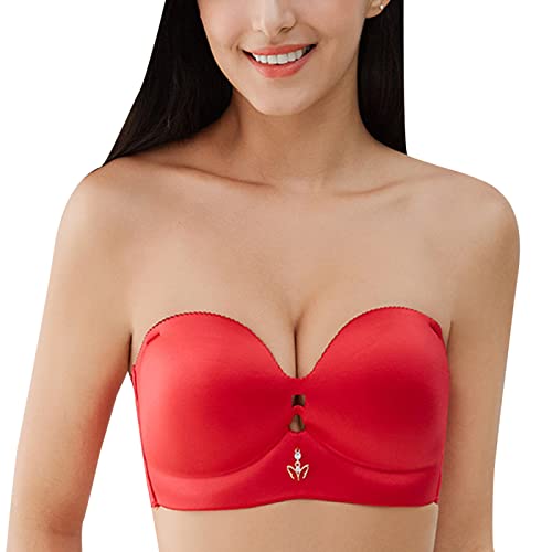 Necalisi trägerloser BH Rot Damen Trägerloser BH - Ohne Bügel Spitze Mesh Cups Bandeau-BH Pushup BH Damen 100E von Necalisi