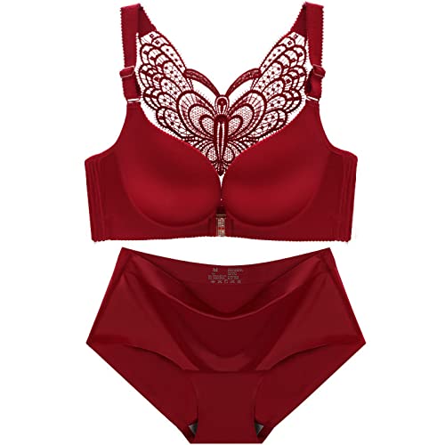 Necalisi unterwäsche Frauen Set Vorderverschluss BH Weinrot Damen BHS Ohne Buegel Push up Spitze BH Bra Top Set Sport-BHS für Women BH Damen Push up 120E von Necalisi