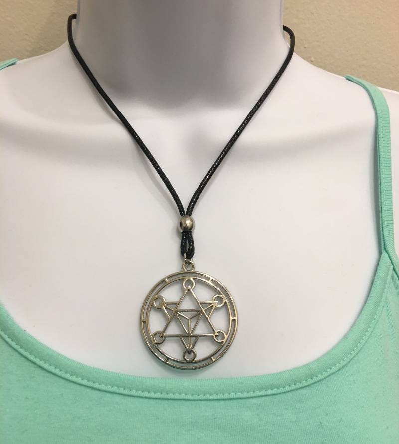 Merkaba Meditation Halskette Silber Vergoldet, 2mm 17-18Inch Verstellbar Schwarz Gewachst Baumwolle Schnur von NecklacesJC