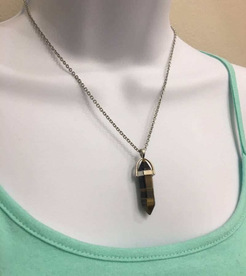 Tiger Augen | Natürliche Edelstein Anhänger Halskette, 2, 5 Mm 17-18 Zoll Verstellbare Edelstahl Kette von NecklacesJC