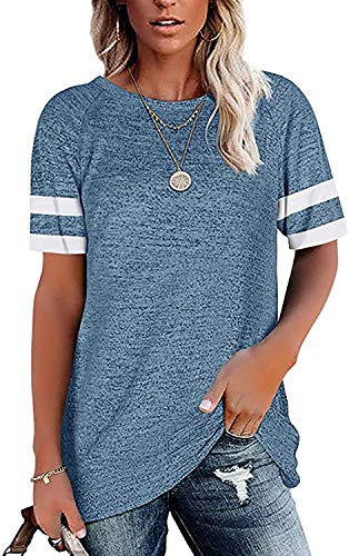 Necooer Baumwollmischung Rundhalsausschnitt Kurzarm Casual Relax T-Shirt Tops für Damen(A-Blau,M) von Necooer