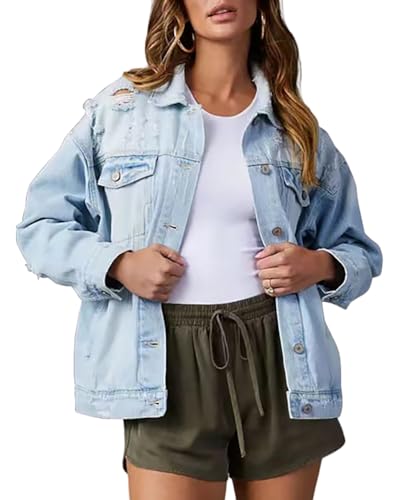 Necooer Casual Jean Jackets for Women Fashion Classic Vintage Boyfriend Oversized Denim Jacket Distressed Stretch Button Down Jean Coat Autumn Spring(L,Hellblau) von Necooer