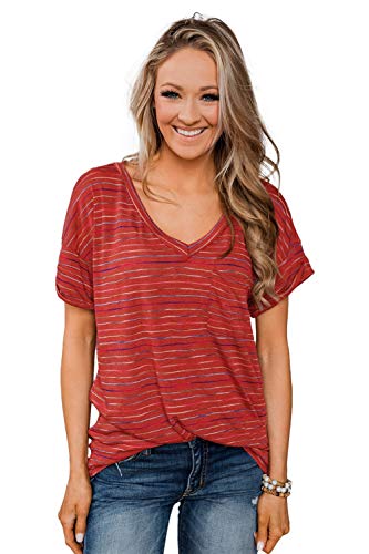 Necooer Casual Tops für Damen Locker sitzende T-Shirts mit V-Ausschnitt für den Sommer Streifen rot S von Necooer