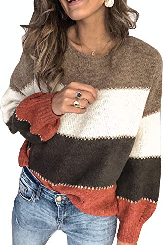Necooer Colorblocked Sweater für Damen Langarm-Strickpullover Warme Pullover mit Rundhalsausschnitt(XL,01-Braun) von Necooer