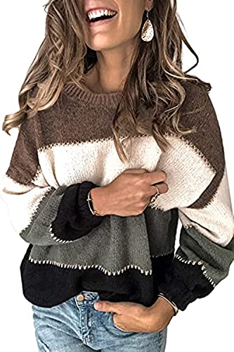 Necooer Colorblocked Sweaters für Damen Langarm-Strickpullover Warme Pullover mit Rundhalsausschnitt von Necooer