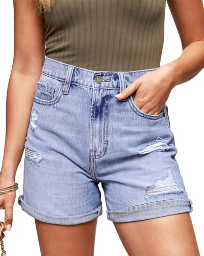 Necooer Damen Basic Denim Leichte Denim High Waist Shorts Sommer Hot Pants with Pockets Hellblau Shorts(S,Hellblau-10) von Necooer