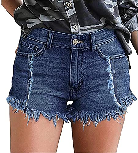 Necooer Damen Basic High Waist Denim Shorts mit Quaste, Ripped Raw Saum, Stretch, Kurze Jeans(M,G-Dunkelblau) von Necooer