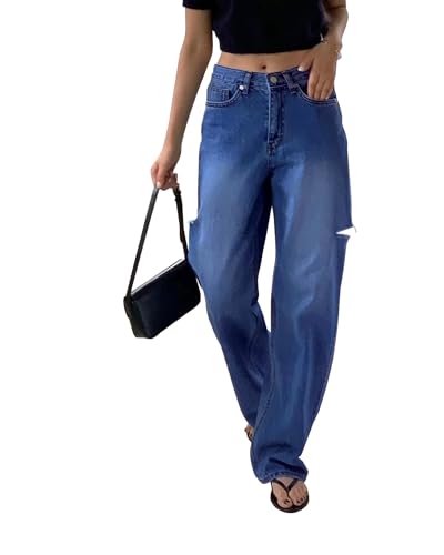 Necooer Damen Bootcut Vintage Jeans Hohe Taille Lange Gerade Weites Bein Ausgestellte Hosen Lose Tragbar Hautfreundlich Jeans（L,Blau von Necooer