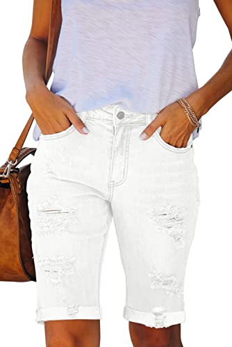 Necooer Damen Casual Denim Hot Shorts für den Sommer Mittelhohe Kurze Hosen Doppelknopf-Jeans mit Taschen(XL,09-Weiß) von Necooer