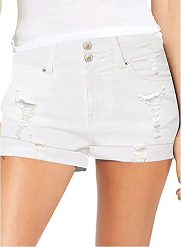 Necooer Damen Casual Denim Hot Shorts für den Sommer Mittelhohe Kurze Hosen Doppelknopf-Jeans mit Taschen(XXL,Weiß 05) von Necooer