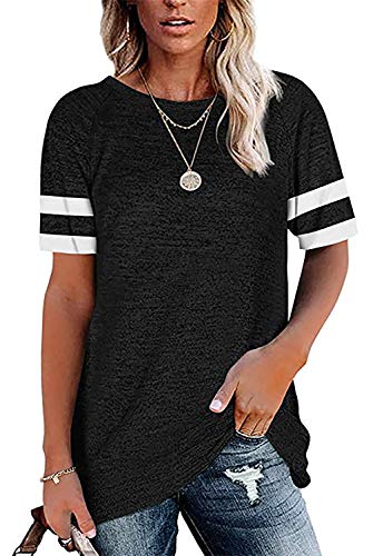 Necooer Damen Casual Einfarbig T-Shirts Patchwork Lose Rundhalsausschnitt Schwarz Tunika Top(A-Schwarz,XL) von Necooer