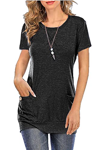 Necooer Damen Casual Kurzarm Lose Tops Shirts mit Taschen(L，A-Grau von Necooer