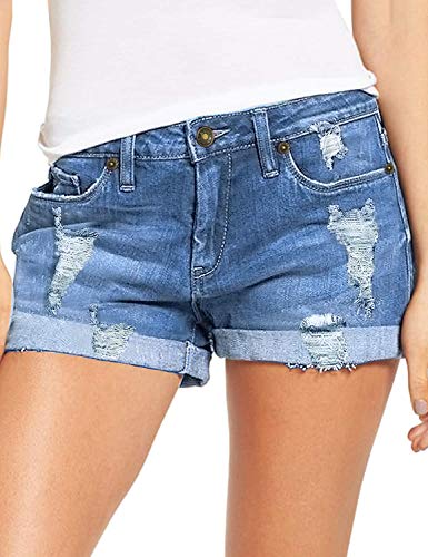 Necooer Damen Casual Ripped Denim Shorts Mittlere Taille Kurze Jeanshose mit Taschen Hellblau S von Necooer