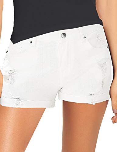 Necooer Damen Casual Ripped Denim Shorts Mittlere Taille Kurze Jeanshose mit Taschen Weiß L von Necooer