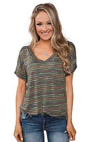 Necooer Damen Casual Tops Army Green T-Shirt mit V-Ausschnitt Kurzarmhemden Streifen Grün S von Necooer