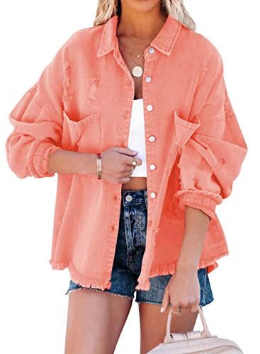 Necooer Damen Distressed Washed Langarm Shacket Raw Saum zerrissene Jacken von Necooer