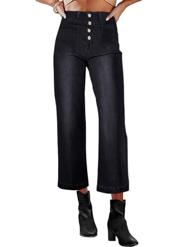 Necooer Damen High Waist Wide Leg Jeans with Holes Stretch Loose Jeans Casual Boyfriend Style Schwarz Jeans(Schwarz,XXL) von Necooer
