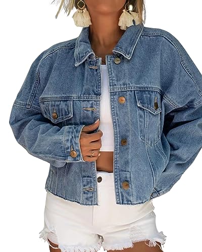 Necooer Damen Jean Jacken Stretch Distressed Oversized Button Up Frayed Washed Cropped Blue Jeansjacken für Damenmode Herbst Frühling (XL,Blau) von Necooer