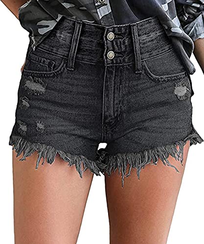 Necooer Damen Jeans 2 Buttons Raw Edge Denim Shorts Schwarz 02 XXL von Necooer