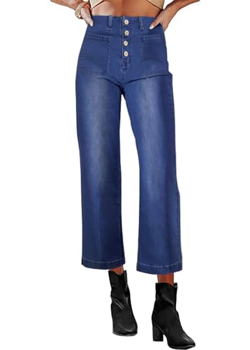 Necooer Damen Jeans Mit Hoher Taille im Boyfriend-Stil Lose Jeans Mit Einer Ganzen Reihe Von Knöpfen Lässige Vielseitige Blau Jeans(Blau.S) von Necooer