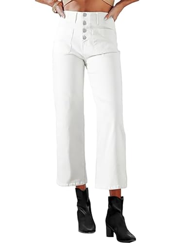 Necooer Damen Jeans Mit Knopfleiste Taillierte Jeans Mit Hoher Taille und weitem Bein Lässige Weiß Stretch-Jeans(Weiß.S) von Necooer