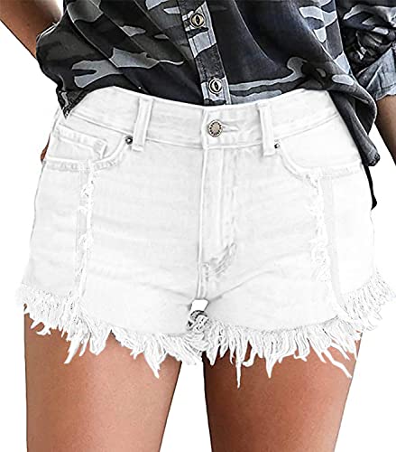 Necooer Damen Jeans-Shorts mit mittlerer Taille mit Stretch-Riss und offenem Saum Weiße Jeans-Shorts(XXL,G-Weiß) von Necooer