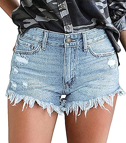 Necooer Damen Jeansshorts Lässige Jeansshorts Ausgefranste, Rohe, zerrissene Kurze Hose Hellblau 01 L von Necooer