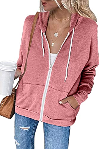 Necooer Damen Kapuzenjacke Einfarbig Kapuzenpullover Jacke Kapuzenpullover mit Taschenreißverschluss Kapuzenjacke (L, A-Rosa) von Necooer