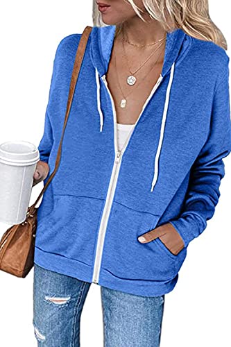 Necooer Damen Kapuzenjacke Einfarbig Kapuzenpullover Jacke Kapuzenpullover mit Taschenreißverschluss Kapuzenjacke (XL, A-Blau 01) von Necooer