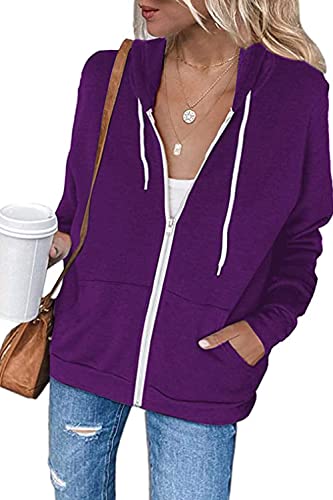 Necooer Damen Kapuzenjacke Einfarbig Kapuzenpullover Jacke Kapuzenpullover mit Taschenreißverschluss Kapuzenjacke (XL, A-Violett) von Necooer