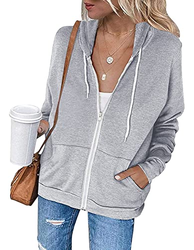 Necooer Damen Kapuzenjacke Einfarbig Kapuzenpullover Jacke Kapuzenpullover mit Taschenreißverschluss Kapuzenjacke Grau,S von Necooer