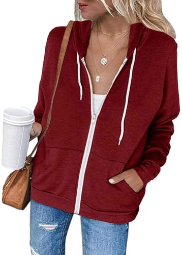 Necooer Damen Kapuzenpullover Reißverschluss Strickjacke Tasche Jacke Jacke Herbst/Winter Damenjacke(M,A-Rot) von Necooer