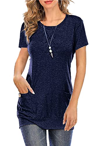 Necooer Damen Kurzarm Rundhals T-Shirts Loose Fit Tops Freizeit Blusen mit Seitentaschen(L，A-Blau von Necooer