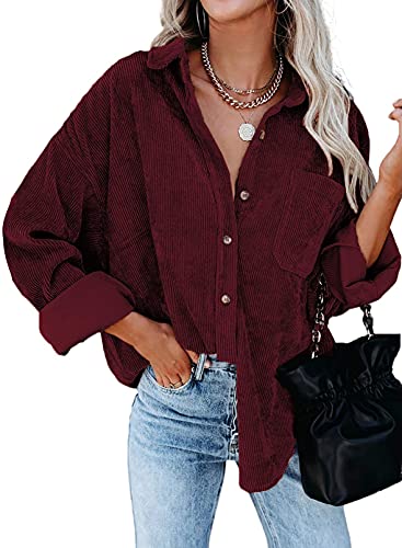 Necooer Damen Langarmhemden V-Ausschnitt Roll Up Tasche Cordhemden Casual Boyfriend Button Down Petite Blusen(S,Rot) von Necooer
