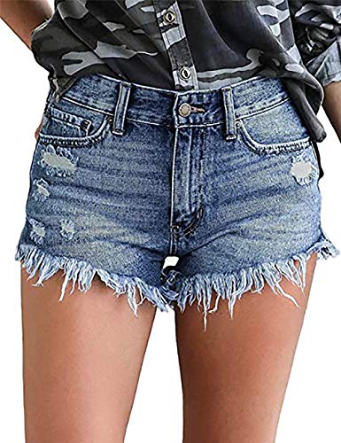 Necooer Damen Mid Waisted Distressed Jeans Blue Ripped Denim für den Sommer Blau L von Necooer