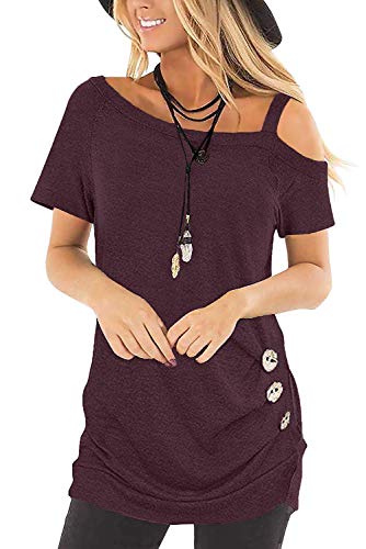 Necooer Damen One Shoulder Tunika Kurzarm Casual T-Shirt Tunika Top(Lila,M) von Necooer