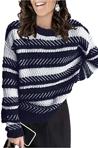 Necooer Damen Pullover Lässig Langarm Winter Basic Gemütliche Strickpullover (L, Blau 01) von Necooer