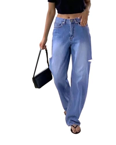 Necooer Damen Retro-Stretch Schlaghosen High-Waisted Knie Mund Offene Seite Verlängerung Weites Bein Hose Lässig Lose Gerade Hose(L,Hellblau) von Necooer