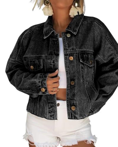 Necooer Damen Schwarz Jean Jacken für Frauen Casual Cropped Shacket Denim Trucker Jacke Basic Stretch Frayed Washed Langarm Jean Jacke (M,Schwarz) von Necooer