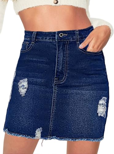 Necooer Damen Short Jean Rock High Waisted Stretch Washed Frayed Distressed Casual Mini Denim Röcke mit Tasche(Dunkelblau,L) von Necooer