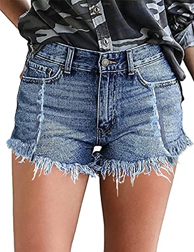 Necooer Damen Shorts mit mittlerer Taille und geripptem Raw Saum Stretch Blue Denim Shorts mit Quaste(XL,G-Blau) von Necooer