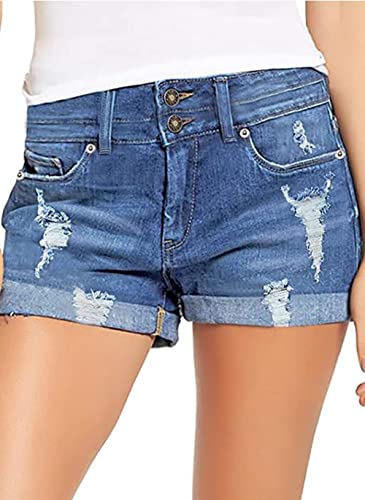 Necooer Damen Sommer Casual Denim Shorts Doppelknopf Zerrissene Jeans Aufgerollt Stretchy Hot Short(M,Blau 05) von Necooer