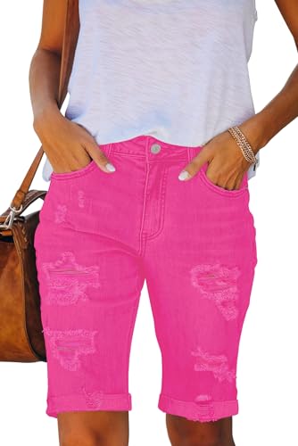 Necooer Damen Sommer Casual Denim Shorts Doppelknopf Zerrissene Jeans Aufgerollt Stretchy heiß pink Short（XL,09-heiß pink von Necooer