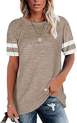 Necooer Damen Sommer Casual Kurzarm T-Shirt Lose Baumwolloberteile Rundhals T Shirts Blusen(A-Khaki,L) von Necooer