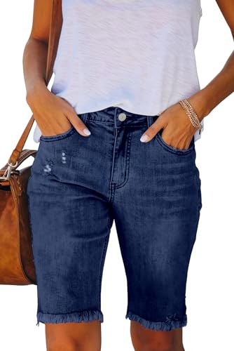Necooer Damen Sommer Kurze Jeans Elegante Fransen Saum fünf Punkte Mode einfache Jeans(XXL,10-Dunkel Blue) von Necooer
