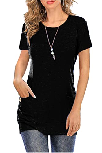 Necooer Damen Sommer Weiche Tunika Kurzarm Langes Schwarzes T-Shirt Mit Tasche (L，A-Schwarz) von Necooer